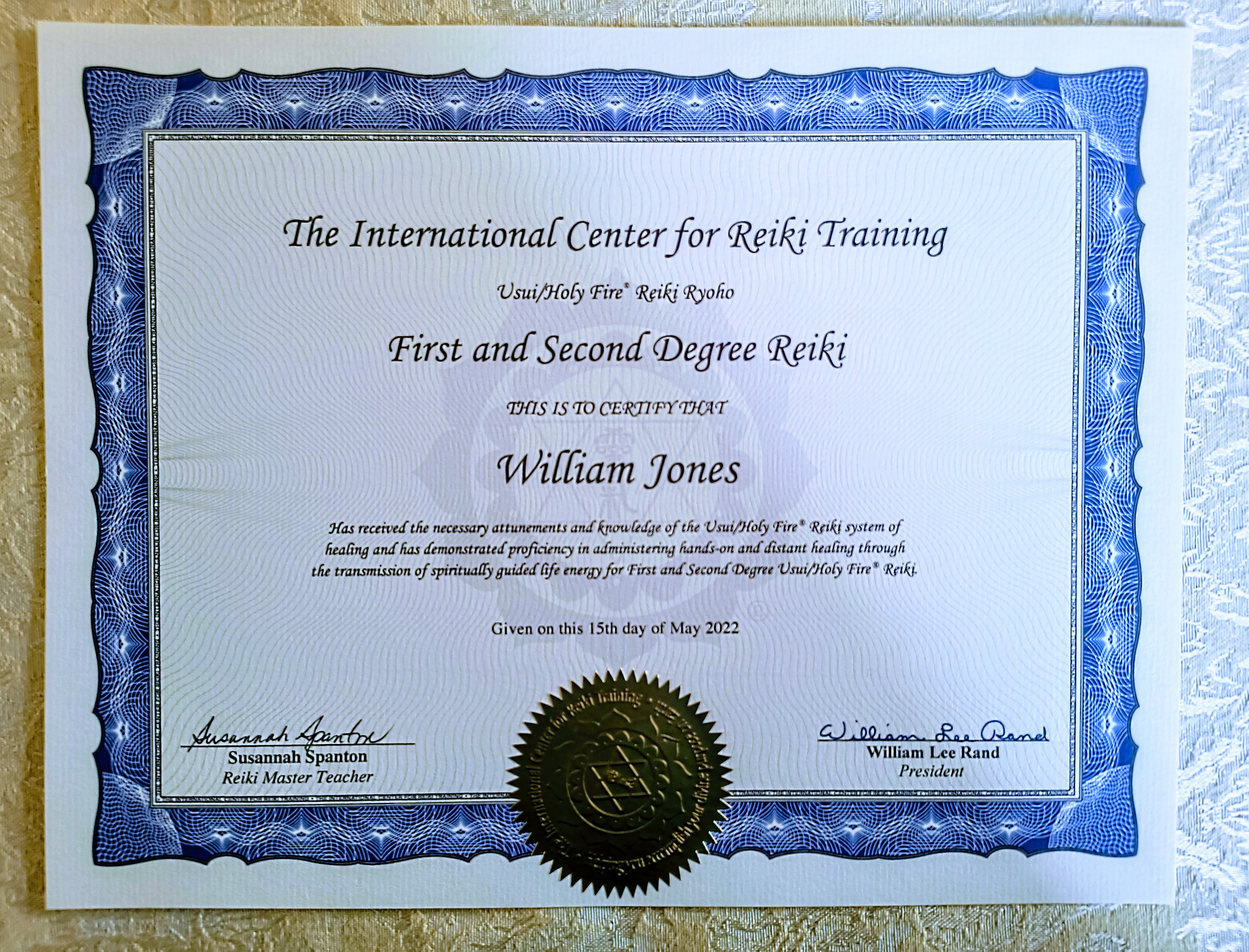 Reiki Certificate — William Jones, May 15 2022